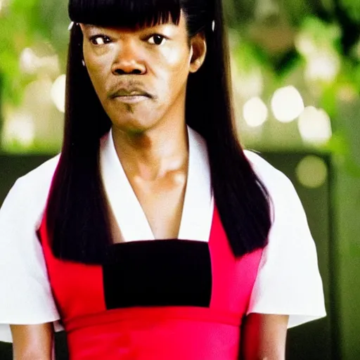 Image similar to samuel l jackson wearing a cute japanese maid dress, 4 k, hyper realistic, japan