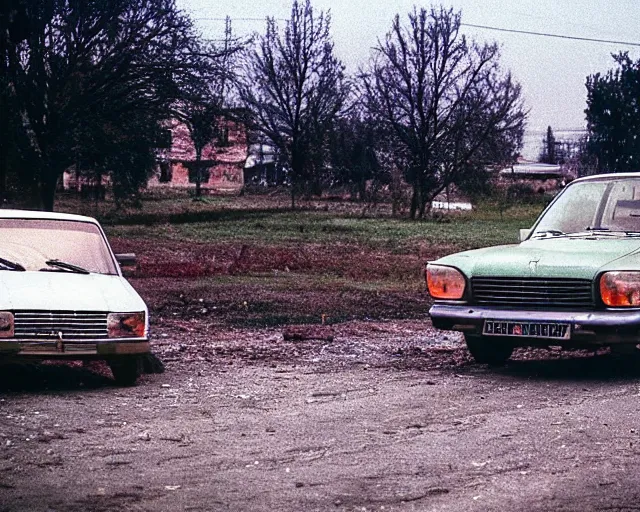 Image similar to a lomographic photo of old lada 2 1 0 7 standing in typical soviet yard in small town, hrushevka on background, cinestill, bokeh