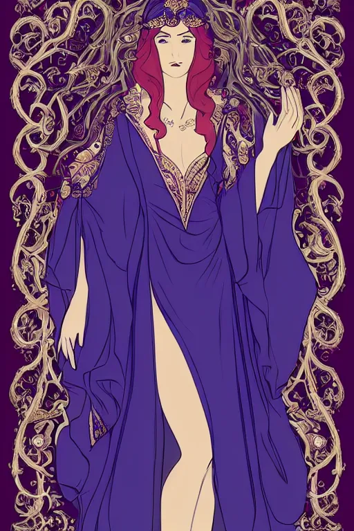 Prompt: a beautiful sorceress leaning with elegant looks, flowing robe, ornate and flowing, intricate and soft, by