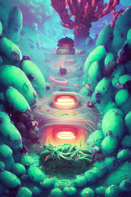 Image similar to roots cactus sushi cristal smurf ghost creature animal sushi cristal very big eye roots cactus elemental flush of force nature micro world fluo fishscale, behance hd by jesper ejsing, by rhads, makoto shinkai and lois van baarle, ilya kuvshinov, rossdraws radiating a glowing aura global illumination ray tracing hdr