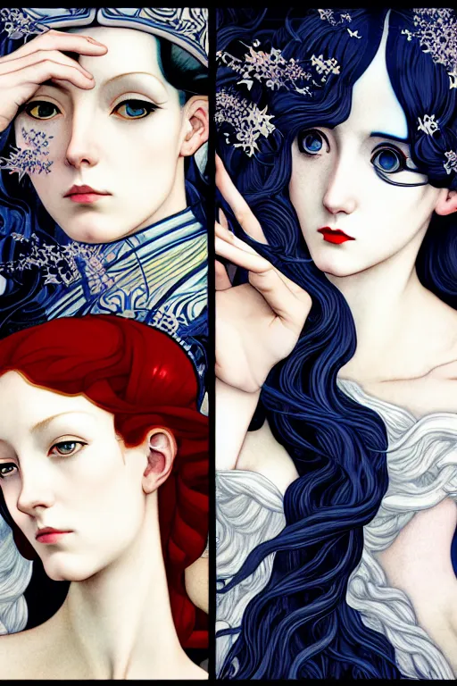 Image similar to a triad of winter muses, style blending æon flux, shepard fairey, botticelli, ivan bilibin, and john singer sargent, inspired by pre - raphaelites, shoujo manga, and harajuku fashion, stark landscape, muted dark colors, superfine inklines, ethereal, otherworldly, 4 k photorealistic, arnold render