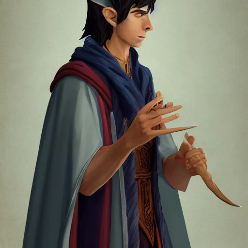 Prompt: A portrait of a adolescent male half-elf wizard who is tall and slim, college, learning, robes, staff, focus on face, sharp focus, highly detailed, photograph, cinematic, dynamic lighting, trending on artstation.