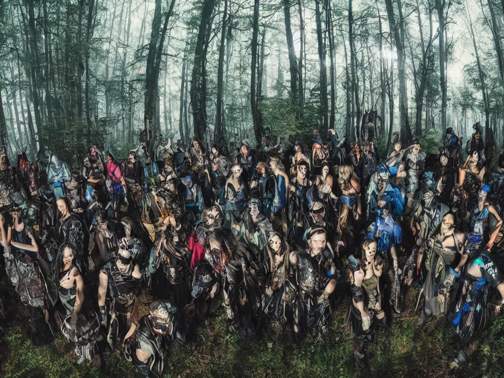 Prompt: a photo of a mystical cyberpunk tribe gathering at a magical location in the forest lit by fire extreme wide angle