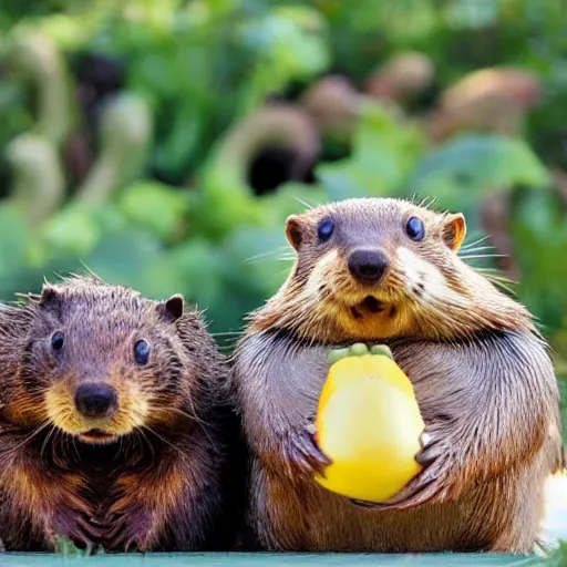 Image similar to real beaver and real duck sitting on vegetables