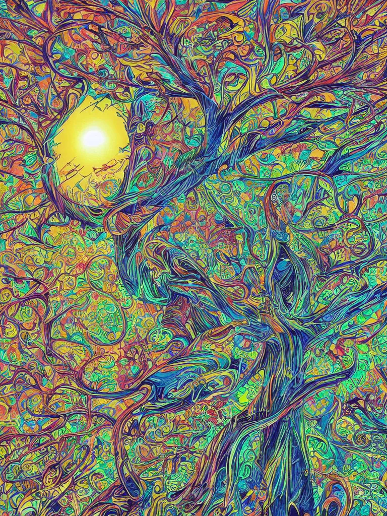 Image similar to android jones alex grey alex grey mark cooper artgerm artstation award winning photorealistic detailed hypervivid intense fantasy concept art, hypervivid intense mcbess, a tree by dan mumford