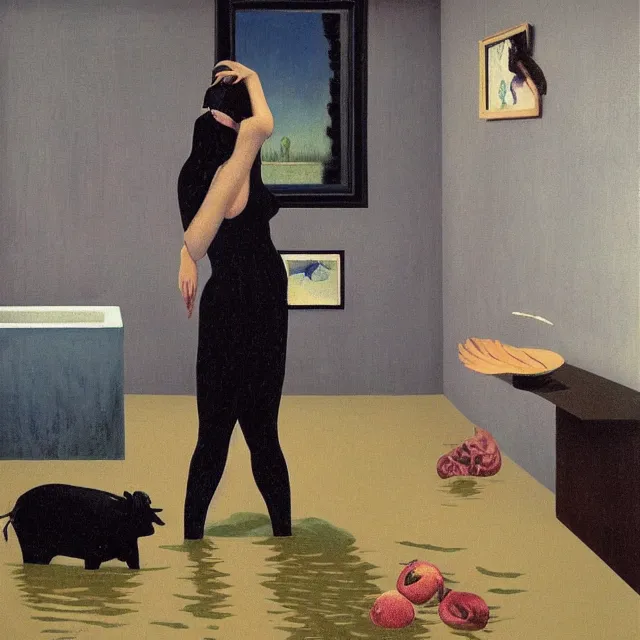 Prompt: tall female emo artist holding a pig in her flooded bathroom, water gushing from ceiling, painting of flood waters inside an artist's bathroom, a river flooding indoors, pomegranates, pigs, ikebana, zen, water, octopus, river, rapids, waterfall, black swans, canoe, berries, acrylic on canvas, surrealist, by magritte and monet