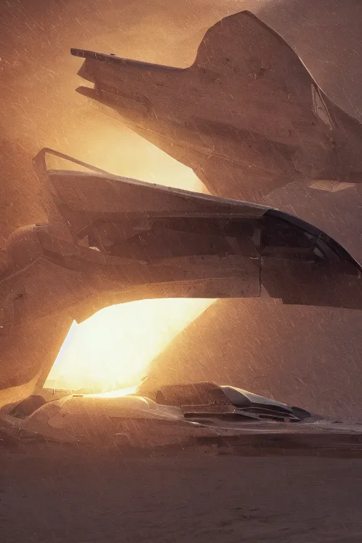 Image similar to professional photograph of a crashed neo - futuristic simplified symmetrical stealth fighter by ilm, denis villeneuve, emmanuel shiu, zaha hadid, dust, vapor, cinematic desert scene, red paint detail, manga, dramatic, volumetric, concept art, hard surface, hyperrealism, high detail, trending on artstation, sharp focus, rendered in octane