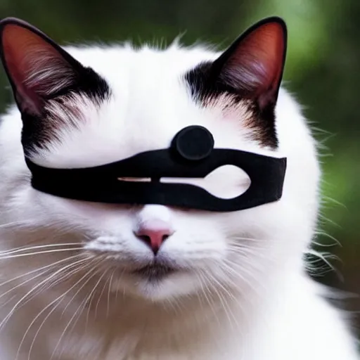 Prompt: photo of a cat, white bottom and jaw, black forehead and top, one eyepatch