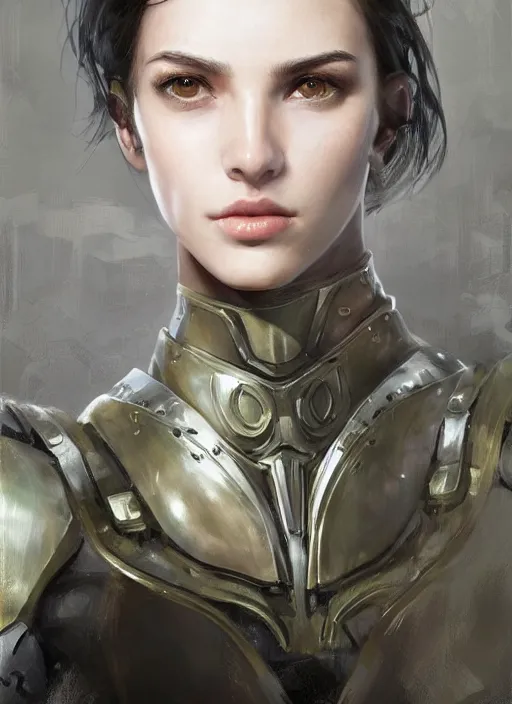 Image similar to a professional painting of a beautiful young female, clothed in military armor, olive skin, long dark hair, beautiful bone structure, symmetrical facial features, intricate, elegant, digital painting, concept art, smooth, sharp focus, illustration, from Metal Gear, by Ruan Jia and Mandy Jurgens and Artgerm and William-Adolphe Bouguerea