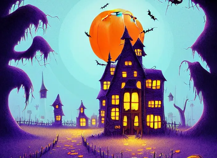 Image similar to Beautiful nostalgic digital art of a Halloween Town from Tim Burtons Nightmare Before Christmas in autumn at night by Christopher Balaskas