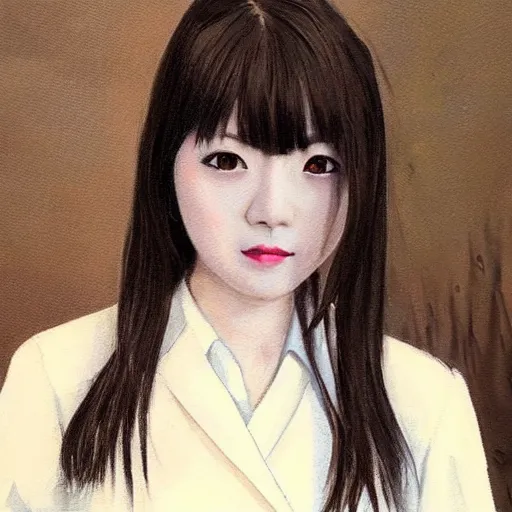Image similar to a pretty young girl of 2 5, japanese, with big eyes, short shoulder - length hair and a suit ， paintingby sam yang