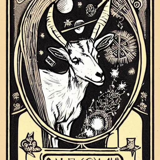 Image similar to detailed tarot card of a space goat, 1900s style, intricate, Artstation