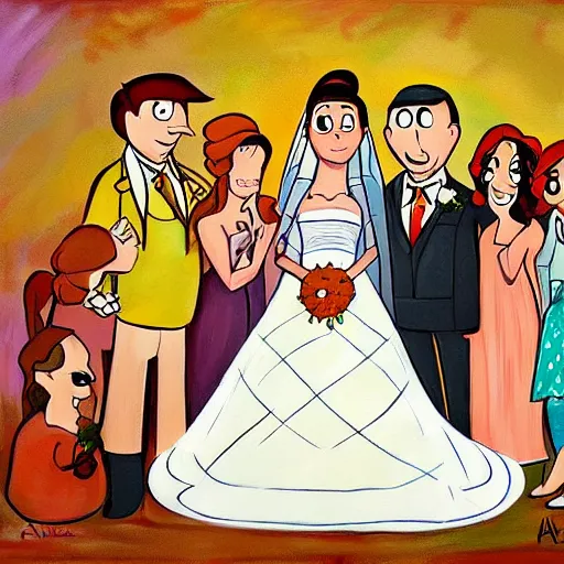 Prompt: beautiful painting, wedding, by gravity falls, by alex hirsch, cartoon, coherent symmetrical faces