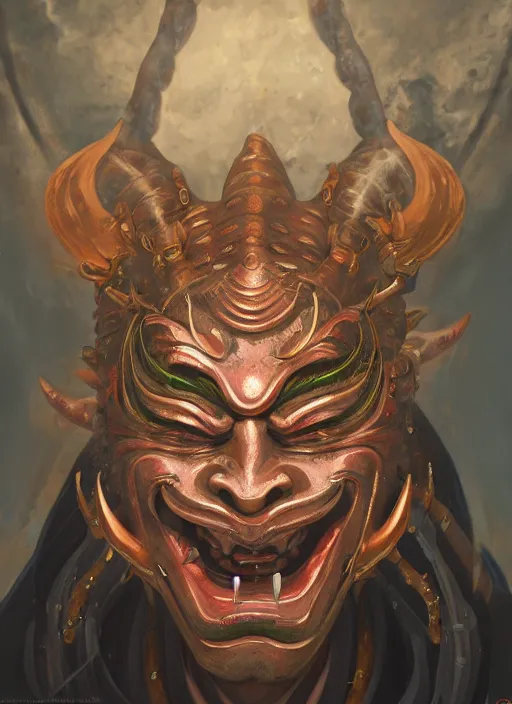 Image similar to a beautiful detailed oil on copper art illustration of a oni hannya mask shogun woman, centered, by charlie bowater, zeng fanzh, trending on artstation, dim dusk lighting, cinematic lighting, detailed lighting, volumetric lighting, realistic, f 8, 4 k hd wallpaper