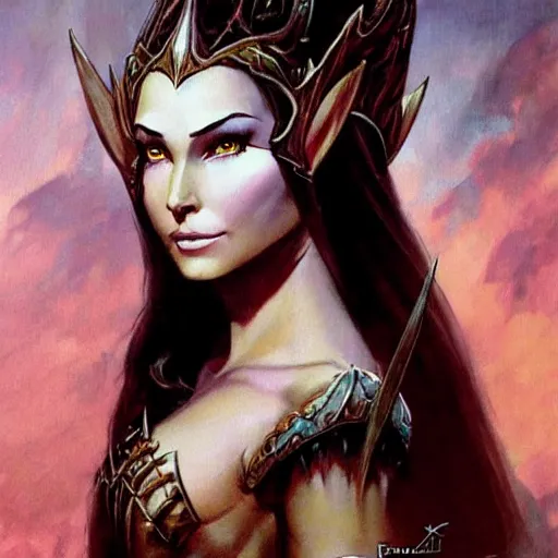 Image similar to elven queen character portrait by frank frazetta, fantasy, dungeons & dragons, sharp focus, beautiful, artstation contest winner, detailed