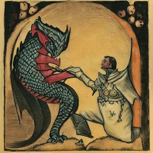 Image similar to a masculine male knight kissing a dragon.