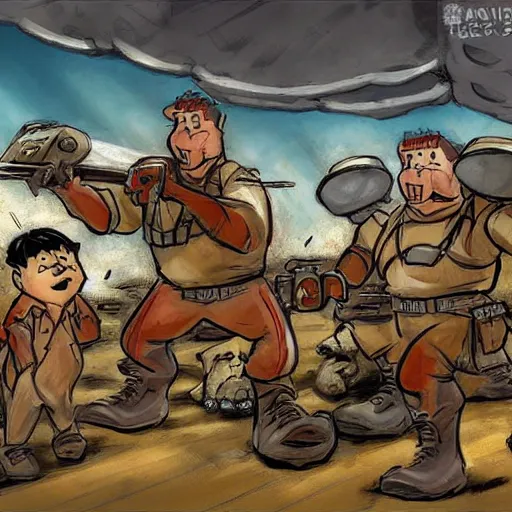 Prompt: flinstones world war 2, concept art, cartoon, sketch