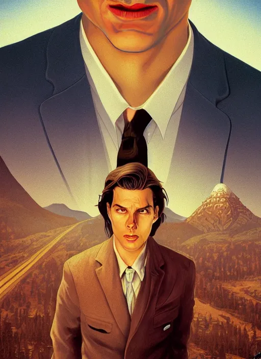 Prompt: Twin Peaks poster artwork by Michael Whelan and Tomer Hanuka, Karol Bak, Rendering of Tom Cruise getting his revenge, from scene from Twin Peaks, clean, simple illustration, nostalgic, domestic, full of details, by Makoto Shinkai and thomas kinkade, Matte painting, trending on artstation and unreal engine