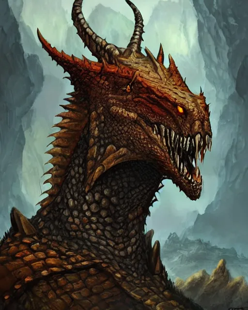 Prompt: ''face portrait of a rugged dragon, fantasy, mountain landscape, d & d, digital painting, artstation, deviantart, concept art, illustration, art by dragolisco and anne stokes and nico niemi''
