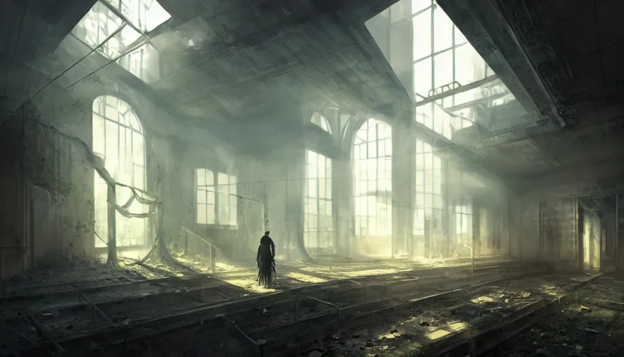 Image similar to high tech nomands exploring abandoned laboratory from early xx century, light, shadows, reflections, steam, epic composition, intricate, elegant, volumetric lighting, digital painting, highly detailed, artstation, sharp focus, illustration, concept art, ruan jia, steve mccurry