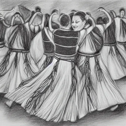 Prompt: beautiful pencil drawing in a contemporary style of round dance - folkloric dances, sharp and precise detailed picture, no faces