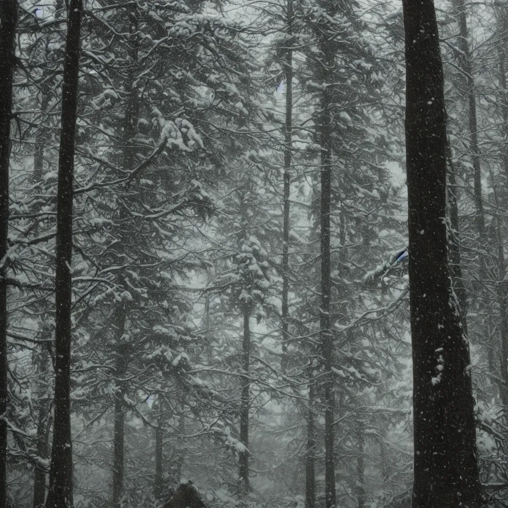 Image similar to photo, bigfoot is hiding in the background. cold color temperature, snow storm. hazy atmosphere. humidity haze. kodak ektachrome, greenish expired film, award winning, low contrast