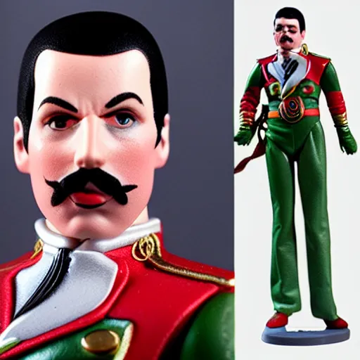 Image similar to freddie mercury action figure, well lit, studio light, painted action figure