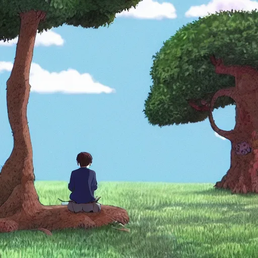 Image similar to gabriel boric sitting at a tree made by studio ghibli, detail, high quality, detailed, beautiful scene, smooth, relaxing