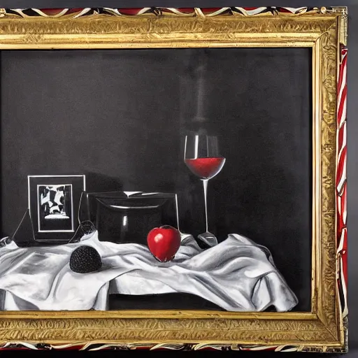 Image similar to a black and white nature morte painting in a bright red frame