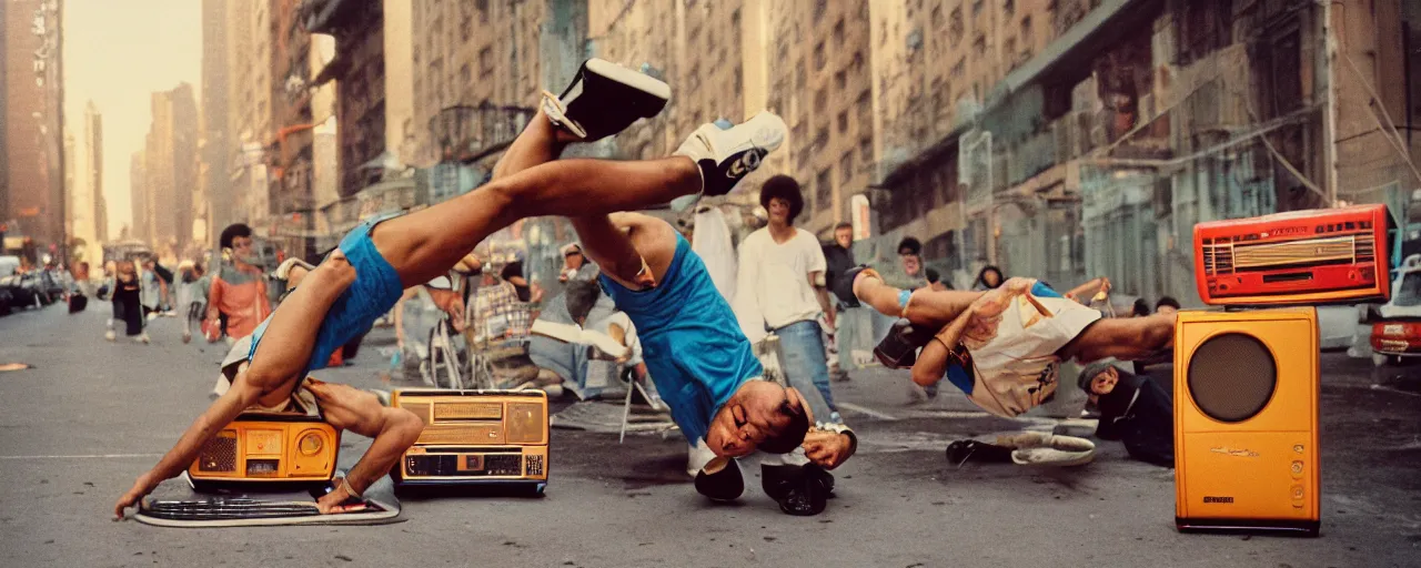 Prompt: 1 9 8 0's breakdancing next to a boombox made of spaghetti nyc, afternoon light, detailed, canon 2 0 mm, wes anderson, kodachrome