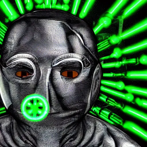 Image similar to man wearing a metal mask with thin green tubes all over his body hyperdetailed, realistic, high - resolution illustration that slightly looks like a comic character