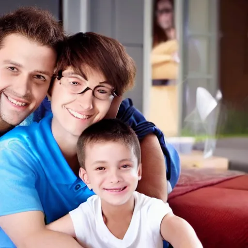 Prompt: a very handsome young family with a happy young boy, scene from a future world where nanotechnology is ubiquitous