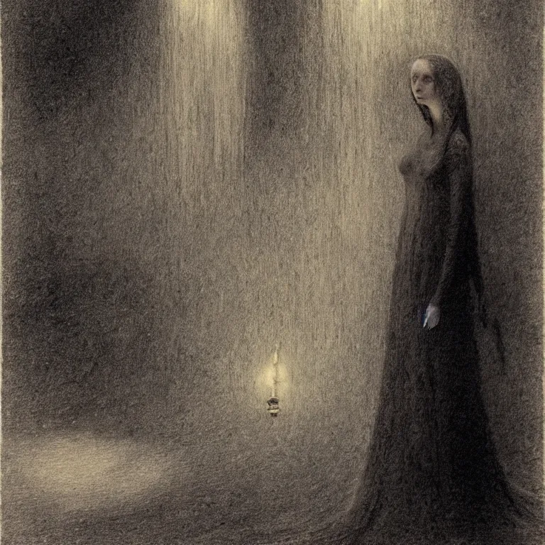 Image similar to beautiful portrait of The princess of The Cold by Alfred Kubin, environment and concept art, iridescent, flickering light, extremely detailed