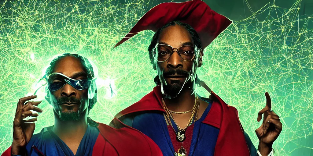 Prompt: snoop dogg as doctor strange, long shadow, light colors, green magic, marijuana leaves, marijuana, by greg rutkowski, multiple dimensions, shattered glass, refractions, highly detailed, environmental light, cinematic by francis tnehunreal, octane render, nvidia, photorealistic fantasy concept art, trending on art station, stunning visuals, terrifying, creative, cinematic