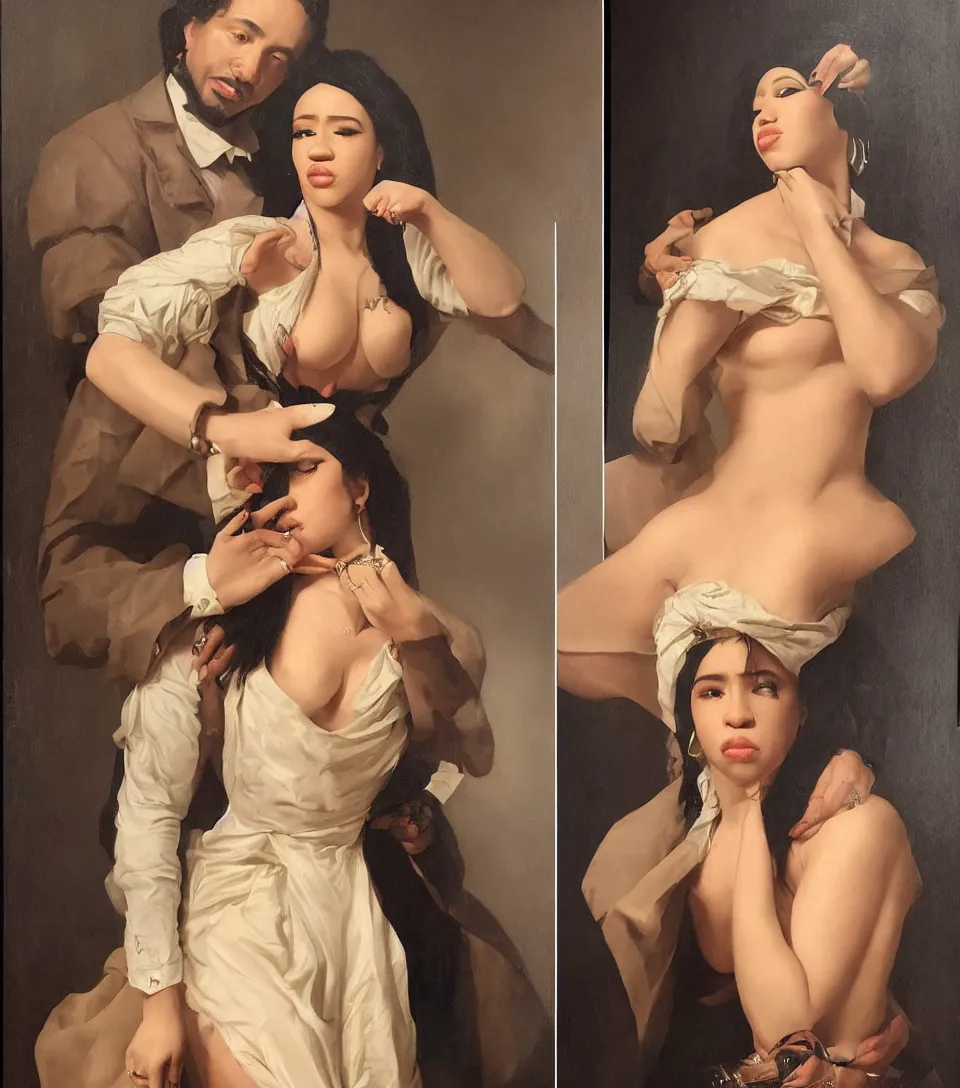 Image similar to portrait offset and cardi b in the style of roberto ferri