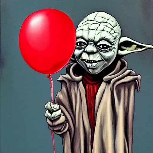 Image similar to grunge painting of yoda with a wide smile and a red balloon by chris leib, loony toons style, pennywise style, corpse bride style, horror theme, detailed, elegant, intricate