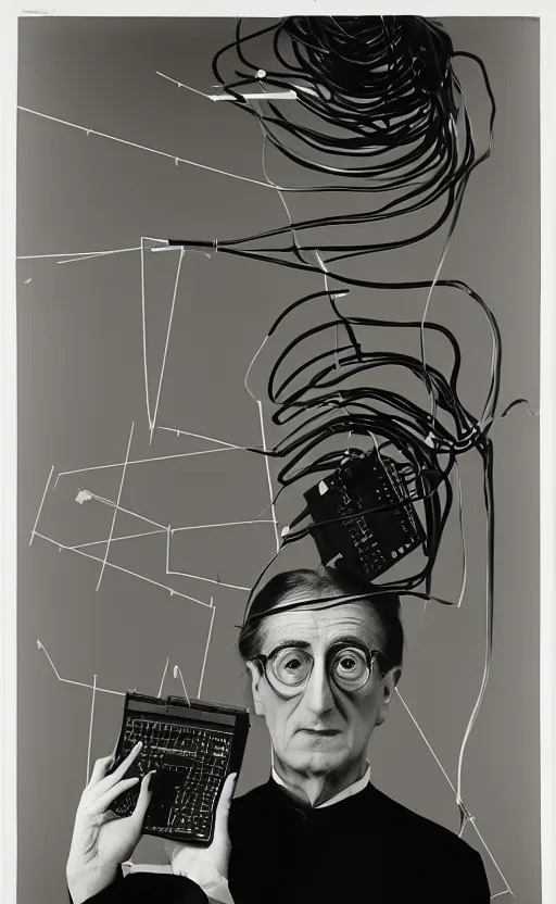 Image similar to a minimalist portrait of Marcel Duchamp holding computer cables in the style of Annie Leibovitz, Irving Penn, Hito Steyerl, Akira Kurosawa, Shinya Tsukamoto, line drawing and 35mm film, wide angle, monochrome, futuristic tetsuo