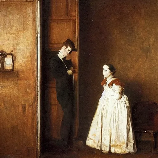 Image similar to a young man and a young woman solving an escape room puzzle, mysterious markings on the wall, by alfred stevens