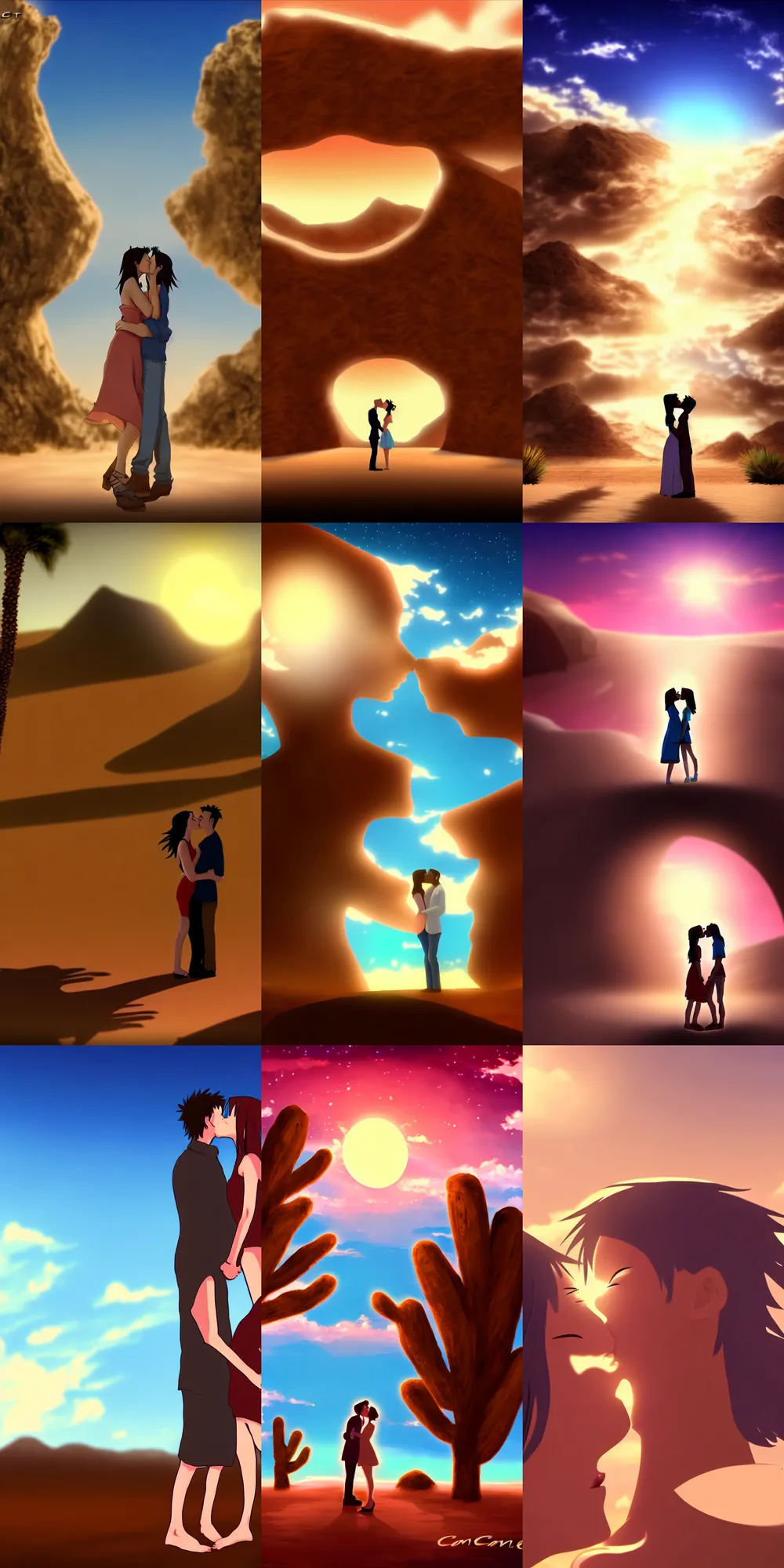 Prompt: one couple kissing before end of time, desert oasis background, anime, toon, soft lighting, epic scene, by comix wave films studio