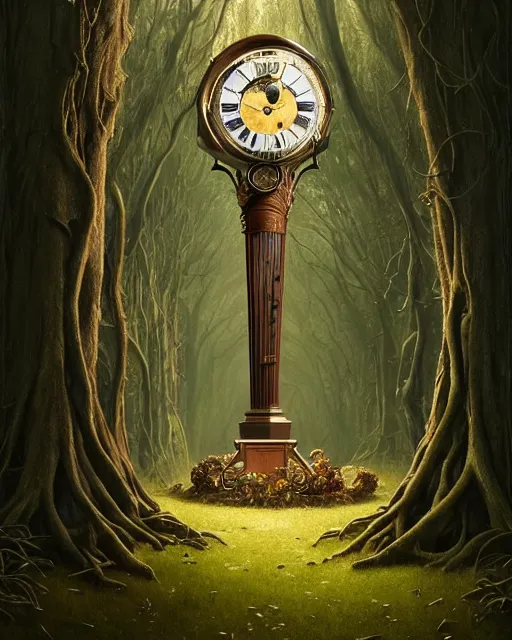 Image similar to highly detailed surreal vfx portrait of a cursed grandfather clock in a shadowy forest by a willow tree, stephen bliss, unreal engine, greg rutkowski, loish, rhads, beeple, makoto shinkai and lois van baarle, ilya kuvshinov, rossdraws, tom bagshaw, alphonse mucha, global illumination, detailed and intricate environment