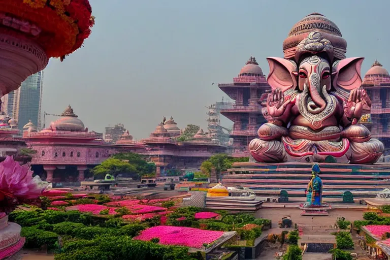 Image similar to beautiful futuristic new delhi, sharp sci - fi ganesha!! building, kalighat flowers, highly detailed cinematic, stephen shore & john j. park, soft morning light, wide shot, high angle, uhd 8 k, shallow depth of field