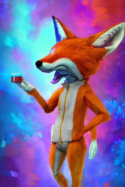 Image similar to a humanoid fox wearing scientist's clothes and doing experiments with colorful chemicals, digital painting, masterpiece, digital art, high quality, highly detailed, concept art, trending on deviantart, high coherence, anatomically correct, five fingers, cinematic, high definition, path traced