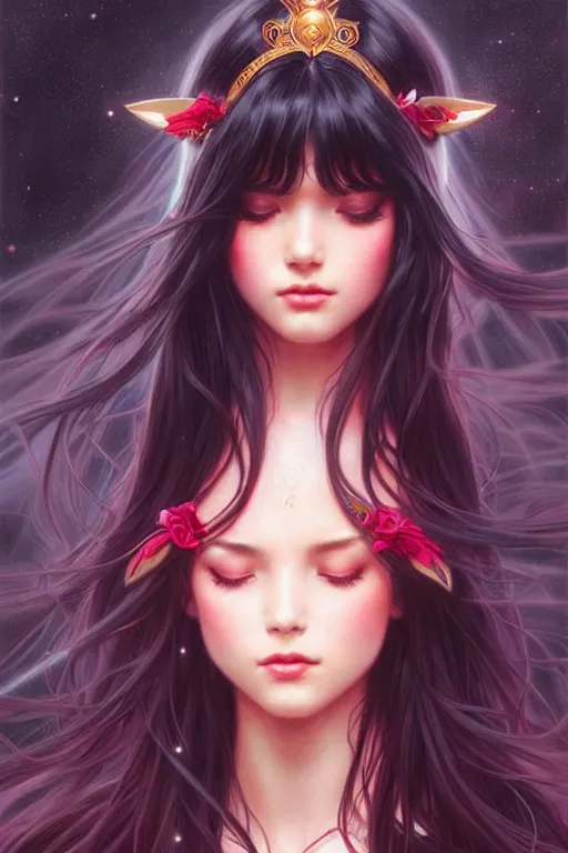 Prompt: a beautiful princess, long black hair and bangs, sailor mars aesthetic, fantasy, intricate, elegant, highly detailed, digital painting, artstation, concept art, matte, sharp focus, illustration, art by Artgerm and Greg Rutkowski and Alphonse Mucha