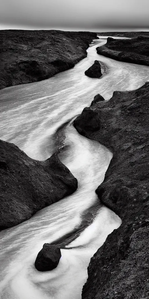Image similar to minimalist black and white photograph of an icelandic, canyons, time exposure, of a river, large sharp rocks,