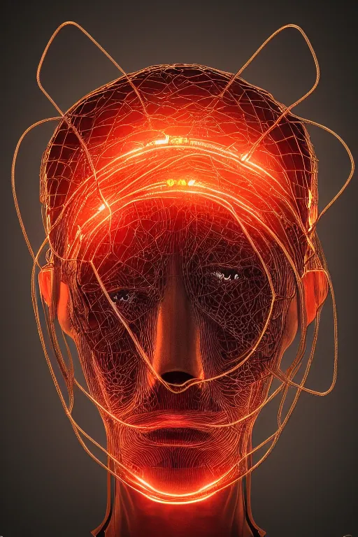 Prompt: organic cyborg head wrapped in barb wire by Jamie Coreth, artstation, centered, symmetrical, cinematic lighting, gold and red, bilateral symmetry, 80s poster, polished, thick smoke, retro dark vintage sci-fi, 2D matte illustration