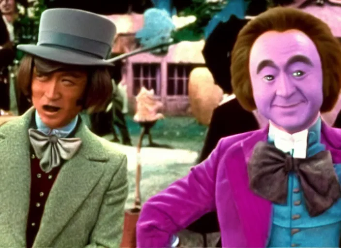 Image similar to film still of Takeshi 69 as Willy Wonka in Willy Wonka and the Chocolate Factory 1971