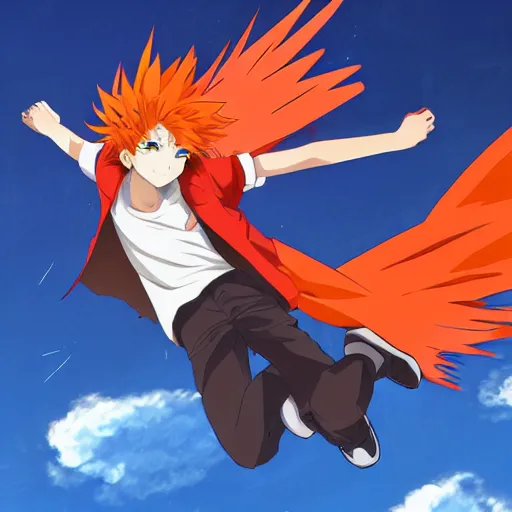 Prompt: orange - haired anime boy, 1 7 - year - old anime boy with wild spiky hair, wearing red jacket, flying through sky, ultra - high jump, late evening, blue hour, cirrus clouds, pearly sky, ultra - realistic, sharp details, subsurface scattering, blue sunshine, intricate details, hd anime, 2 0 1 9 anime