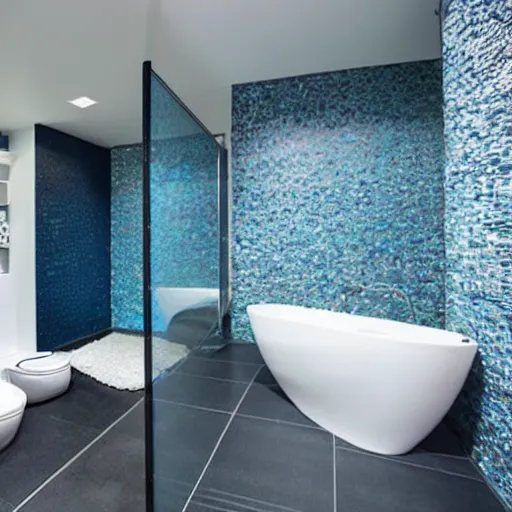 Prompt: a futuristic bathroom with walls and floor made of blue granite tiles. There is a small swimming pool on the floor.