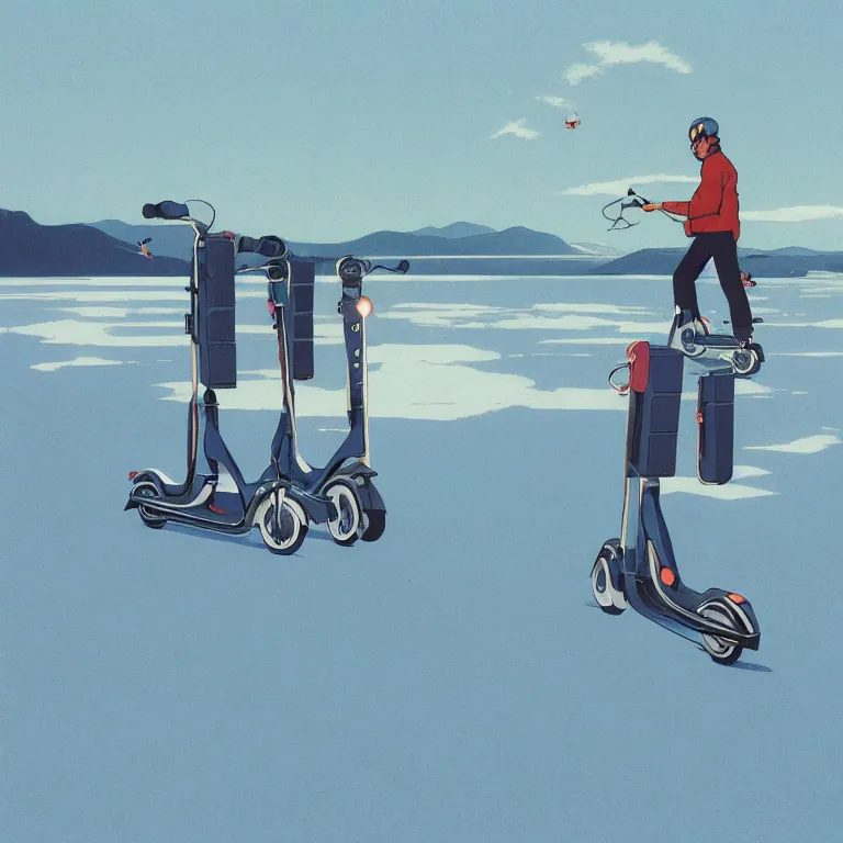 Image similar to electric scooters with magnets that fly over ice, by kawase hasui, moebius and edward hopper, james gilleard, zdzislaw beksinski, steven outram, colorful flat surreal design, hd, 8 k, artstation