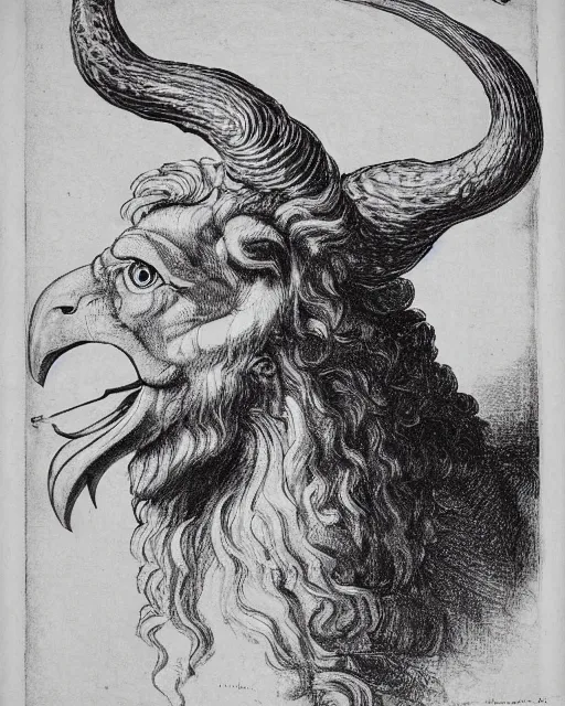 Prompt: a creature with the body and eyes of a man, with the beak of an eagle, the mane of a lion, and the horns of an ox. drawn by francis bacon and da vinci
